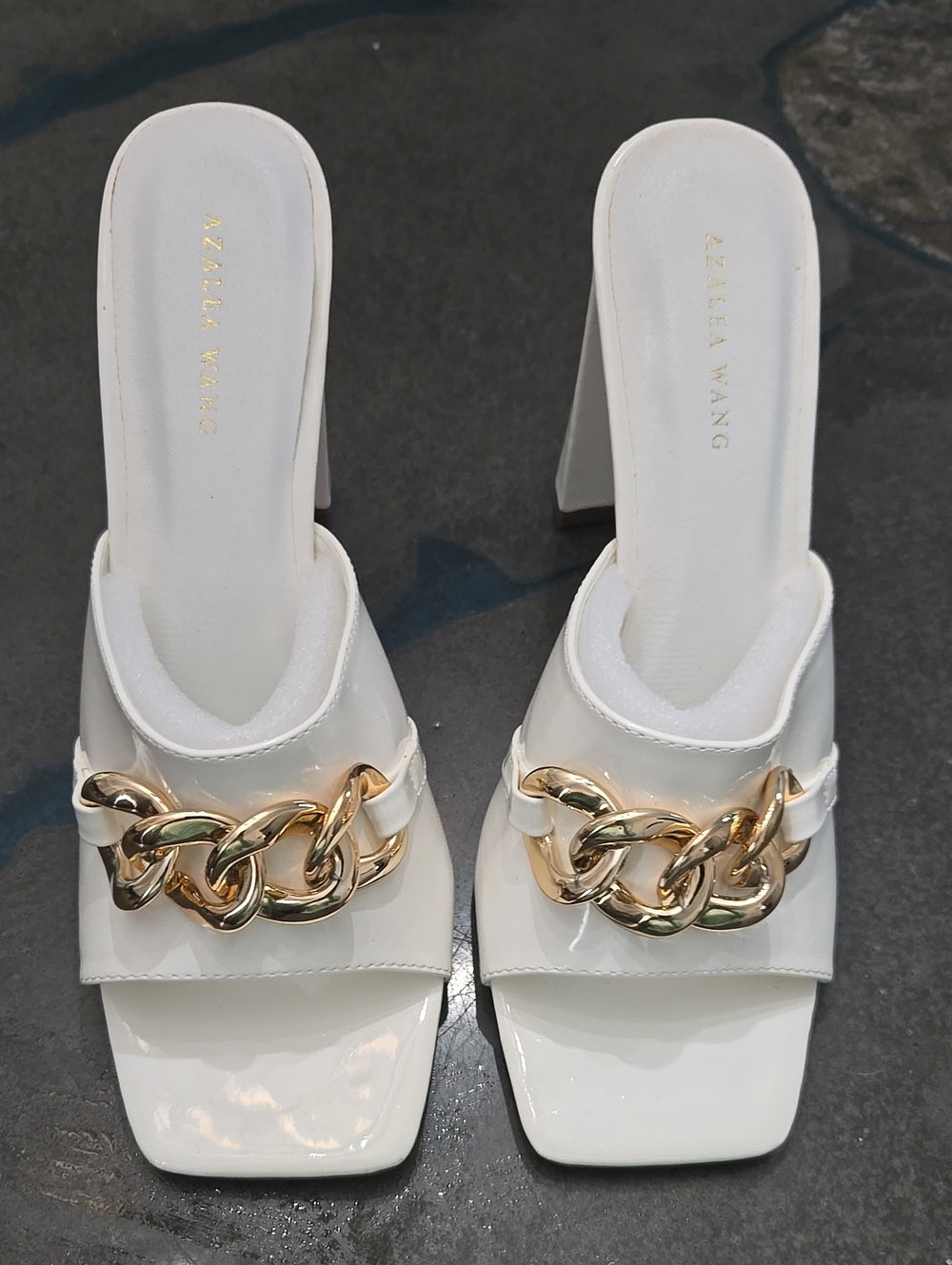 White Chain-Accent Block Heel Mules